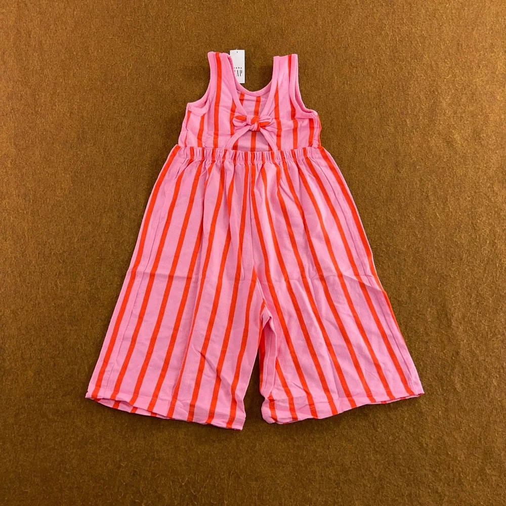 Baby Gap Toddler 4T Pink Orange Striped Bow Back Cotton Jumpsuit NWT